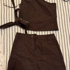 Charcoal Brown One-Shoulder Top and Skirt Set